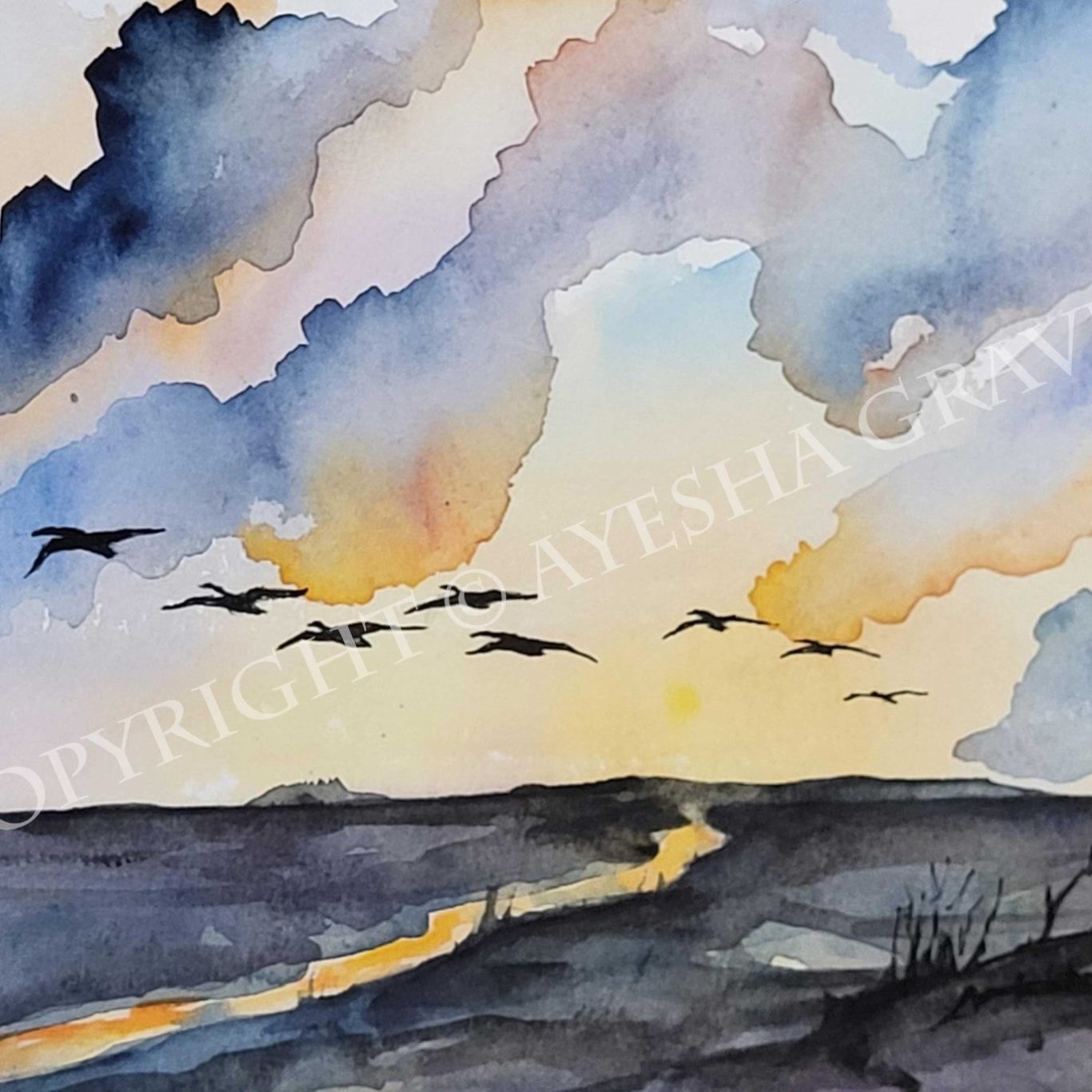 Ribble Estuary - Dawn Wild geese flying overhead with a beautiful grey-orange sunrise and reflections below